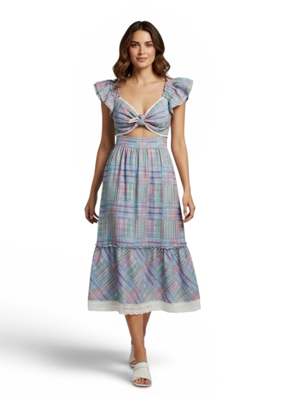 LoveShackFancy Multicolor Plaid Emeka Cotton Tie Front Smocking Dress Size L